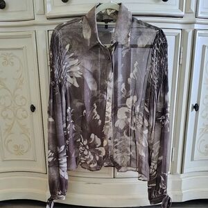 ESCADA Silk Semi-sheer Floral Long Sleeve Button Up Elegant Top Womens Sz 8 (40)